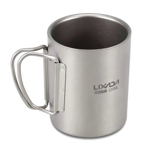 Lixada Camping Titanium Cup 220ml / 450ml Titanium Double Wall Cup Water Coffee Tea Cup Mug with Foldable Handle