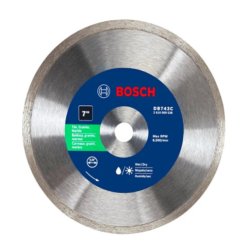 BOSCH DB743C 7 in. Premium Continuous Rim Diamond Blade with 5/8 in. Arbor for Clean Cut Wet/Dry Cutting Applications in Tile, Granite, Marble