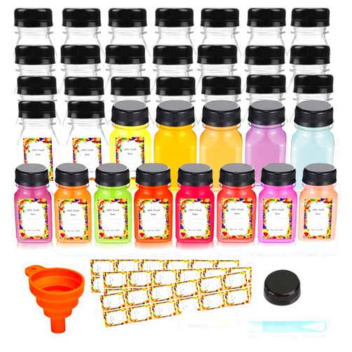 Z-synka 36PCS 4oz Plastic Juice Bottles for Juicing,with Leak-Proof Caps Lids Empty Reusable Clear Bottles with 36pcs Label,Funnel,Brush,Ginger Shot Bottles with Caps,Juice Milk Beverages Shot Bottle