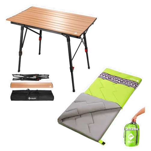 VILLEY Portable Camping Table with Adjustable Legs and Lightweight Backpacking Sleeping Bag with Compression Sack
