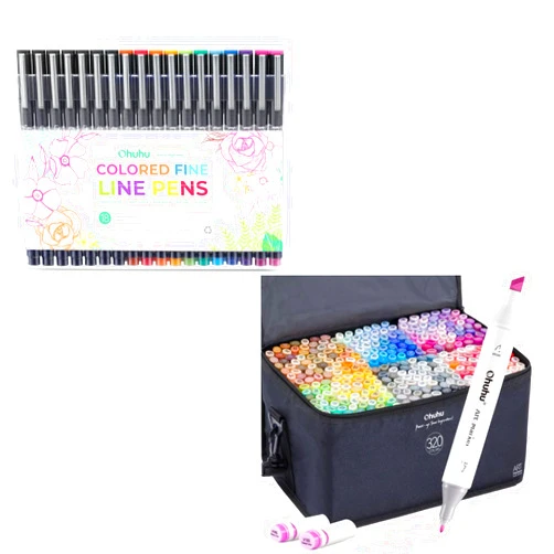 Ohuhu Colored Fineliner Pens 11 Colored Pens & 7 Assorted Piont Black Pens Alcohol Markers 320 Colors Fine & Chisel Dual Tips Set