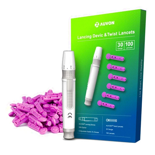 AUVON Lancing Device with Less Pain Design, Blood Sample Pen and Twist Top 100pcs 30 Gauge Lancets for Blood Sugar Level Monitoring