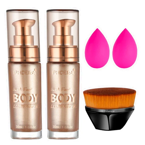 Hilareco PHOERA Body Shimmer Oil, Body Bronzer Shimmer Oil,Body Glow Oil Shimmer Highlighter Luminizer Body Illuminator with Body Makup Bursh,Self Tanning Lotion,1oz/Jars (2PCS 101 Rose Gold)
