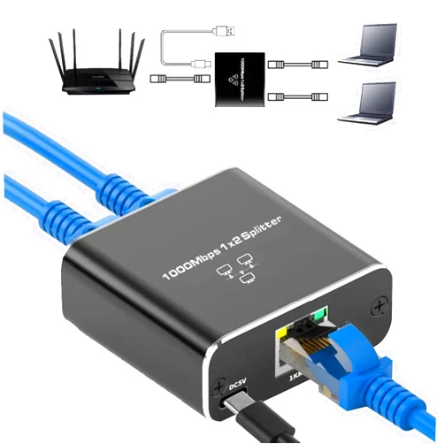 Shuomeng Ethernet Splitter 1 to 2 High Speed 1000Mbps, Gigabit Ethernet Splitter, LAN Splitter with USB Power Cable, RJ45 Splitter for Cat5/5e/6/7/8 Cable 2 Devices Simultaneously Networking