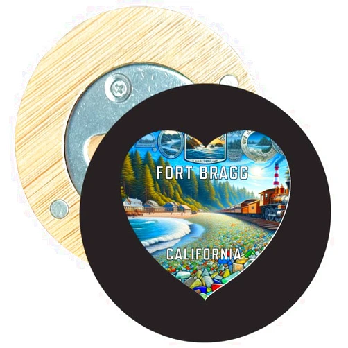 R and R Imports Fort Bragg California Travel Souvenir Destination Round Wood Magnetic Bottle Opener 2.5” 4-Pack