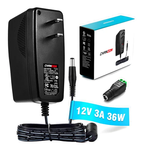 Chanzon 12V 3A 36W Power Supply AC DC Switching Adapter, 12 Volt 3 Amp AC/DC Wall Wart Converter Transformer, 100-240v 50 60HZ Input with 12vdc 3000ma Output