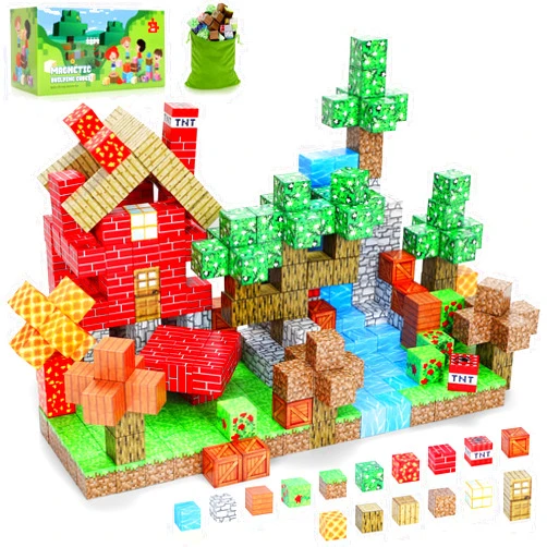 Rantonly Magnetic Blocks Building Toys 100PCS - Build Mine Magnet Forest World Set for Kids Toddler, Magnetic Birthday Gift Toys Sensory Games for Aged 3+ Boys & Girls