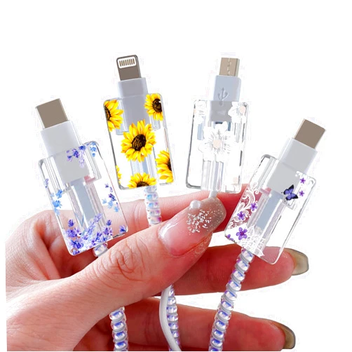 CameCosy Flower Floral Lightning Cable Protector for iPhone Type-C Charger,Cute Lavender Sunflower Lace Blossom Pattern 4pcs Set Phone Cable Protector,Charging Cord Protector,Charger Saver (Lightning Cable)