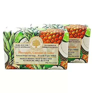 Wavertree & London Pineapple Coconut Lime (2 Bars), 7oz Moisturizing Natural Soap Bar, French -Milled and enriched with Shea Butter Pineapple, Coconut & Lime