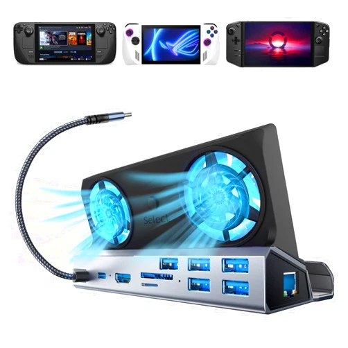 Shuomeng 10-in-1 Docking Station for Steam Deck OLED & ROG Ally X & Legion Go, Dual Cooling Fan 5 USB Ports, 4K@60Hz HDMI 2.0, 100W Charging Port Support ROG Ally 30W Mode, Gigabit Ethernet, SD/TF