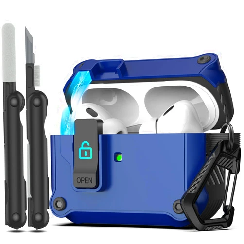 RFUNGUANGO for AirPods Pro Case Cover with Secure Lock Clip, Automatic Pop-up, Full-Body Shockproof Hard Protective Cover for AirPods Pro 2/1 - Blue