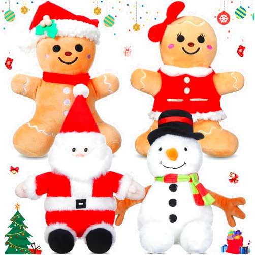 Syhood 4 Pieces 9 Inch Christmas Plush Toys Santa Claus Plush Snowman Plush Gingerbread Man Plush Christmas Stuffed Animal Gingerbread Pillow for Boys Girls Xmas Decoration Home Office Car Ornament