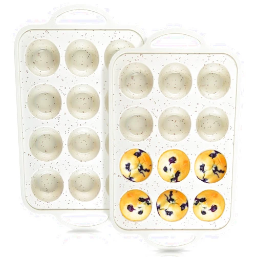 Fimary Silicone Muffin Pan with Metal Reinforced Frame - 12-Cup Silicone Muffin Pans for Baking Muffin Cakes, Tart, BPA Free and Dishwasher Safe - Set of 2 Cream With Coffee Dots