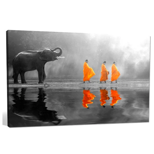 sechars - Thai Elephant Canvas Wall Art Peaceful Monk Pictures Painting Zen Massage Room Wall Decoration Framed Artwork 24