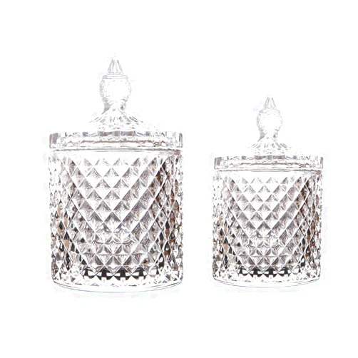Maypink Crystal Diamond Faceted Jar with Crystal Lid,Suitable as A Candy Dish,Cookie Tin,Biscuit Barrel,Decorative Candy Jar Sugar Bowl (Crystal, Set of 2)