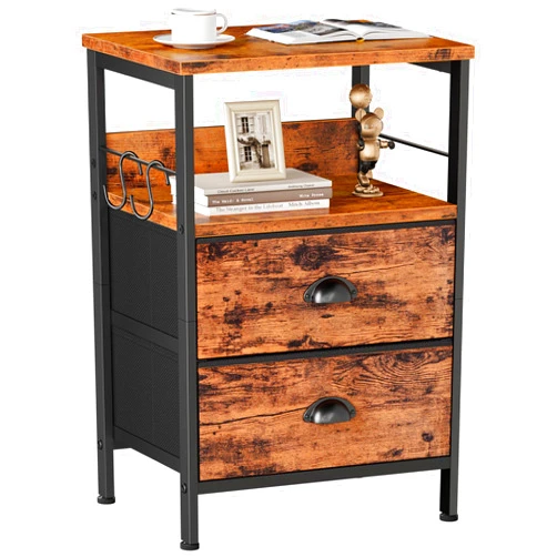 Furologee Nightstand with 2 Fabric Drawers, Bedside Table, End Table with Open Wood Shelf, Side Sofa Table with 2 Hooks for Bedroom/Living Room/Study/Halway/Rustic Brown