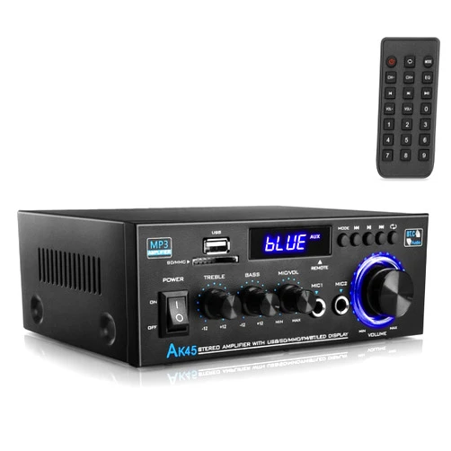 WOOPKER AK45 Audio Amplifier Bluetooth 5.0 HiFi Stereo Amplifier Max 400W 2.0 Channel Audio Power Amplifier Mini AMP Stereo Receiver 12V 5A Power Supply with Remote Control,FM Radio MIC,USB, SD Slot, RCA