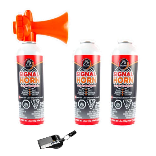 BUY THE CRAVE Air Horn Kit 16.5 oz Includes 2 Extra Refills, Handheld Very Loud Air Horn for Safety, Coast Guard, Emergency Use for Sporting Events, Camping, Animals Alarm (3 Pack, Each 5.5 oz) (Small Kit)