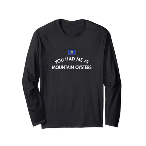 West USA Cattle Fries Eagle Idaho Festival Gift Rocky Mountain Oysters Deep Fried Bull Testicles Appetizers Long Sleeve T-Shirt