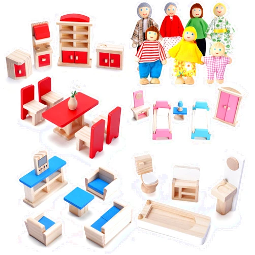 Giragaer Dollhouse Furniture Wooden Doll House Furnisher 5 Set and 7 Family Dolls, Doll Wood Accessories and Furnishings for 1:12 Scale Miniature Dollhouse, Family Figures Pretend Play Toy
