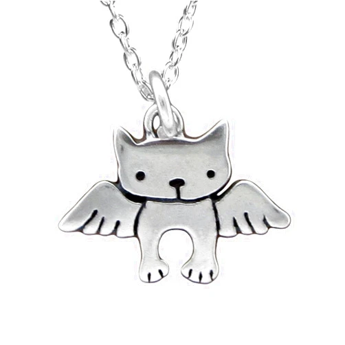 Mark Poulin Sterling Silver Angel Cat Charm Necklace - Cat Memorial Necklace on 16