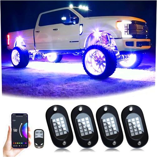 YiLaie RGB LED Rock Lights, 60 LEDs High Brightness Multifunction Neon underglow Kit Waterproof Light with APP/RF Control Multicolor Lights for ATV RZR UTV SUV Off Road Car, DC 12V (4 Pods)