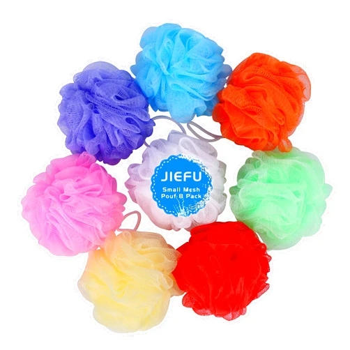 JIEFU Bath Sponges, Small Size Colorful Shower Sponges Exfoliating Mesh Pouf Bath Ball Body Scrubber for Kids Pack of 8