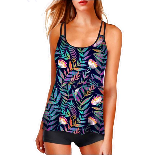 Generic Tummy Control Swimsuits for Women Two Piece Fashion Floral Print Sets Swimwear Tank Top with Boyshorts Tankini Swimsuit