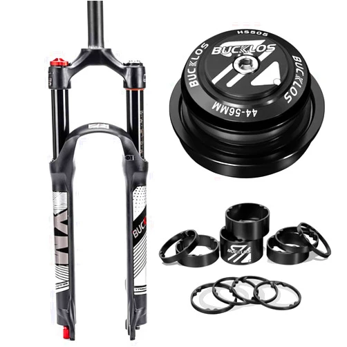 BUCKLOS 26inch MTB QR Straight Crown Air Damping Suspesion Fork & 44-56mm Black Headset & 11PCS Aluminium Alloy Spacers Black