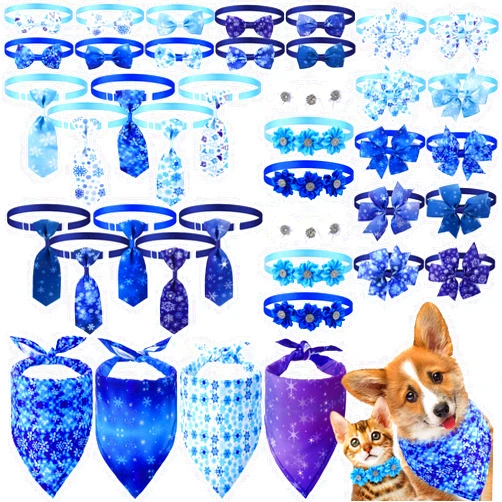 Reginary 40 Pcs Winter Dog Bandanas Bulk Blue Snowflake Cat Bow Ties Collars Adjustable Winter Wonderland Dog Collar with Bow Dog Kerchief Bibs Set for Small Medium Pet Costume Grooming Accessories
