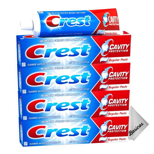 BASICOS 4-Pack Crest Fluoride Cavity Protection Toothpaste 8.2 Ounce Regular Paste, Bulk Toothpaste, Prevents Cavities Before They Start. Plus 1 Basicos Microfiber Cloth