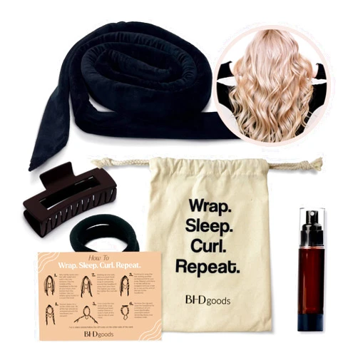 BHDgoods BHDbeauty No Heat Curling Headband You Can Sleep In- Heatless Overnight Natural Curls- Rod Ribbon Lazy Hair Curler Wrap Kit for Long Hair- Includes Bonus Airless Spray Bottle