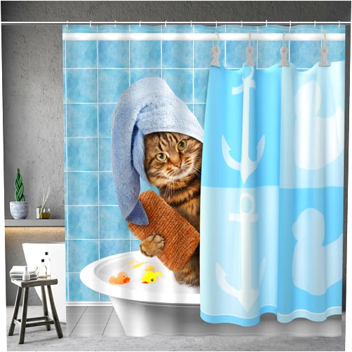 Aimego Funny Cat Shower Curtains for Bathroom - Bathing Cat Cute Kitten Taking Shower with Rubber Ducks Fun Shower Curtain Set with 12 Hooks for Adults Kids Bathroom Decor Accessories, 72