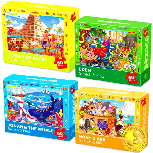 QUOKKA 60 Piece Kids Puzzles Ages 5-8 - Set of 4 Bible Jigsaw Puzzles for Kids 4-6-10 Year Old - Tower of Babel - Noah`s Ark - Eden Toys for Children 5-7 yo - Christian Gifts for Boys & Girls