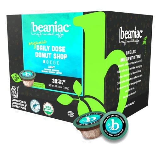 beaniac Organic Daily Dose Donut Shop, Light Roast, Single Serve Compostable K Cup Coffee Pods, Organic Arabica Coffee, Keurig Brewer Compatible, 30 Count