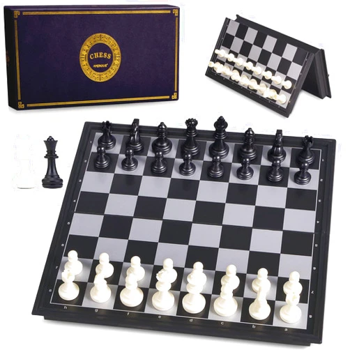 AMEROUS 10 Inches Magnetic Travel Chess Set with Folding Chess Board - 2 Extra Queens - Storage Bag for Pieces - Instructions for Beginner, Kids and Adults