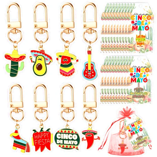 Cunno 24 Sets Cinco De Mayo Mexican Fiesta Party Favors Include Cute Cactus Avocado Chili Pepper Guitar Keychains Cinco De Mayo Tags and Organza Bags for Mexican Fiesta Summer Ideas Gifts