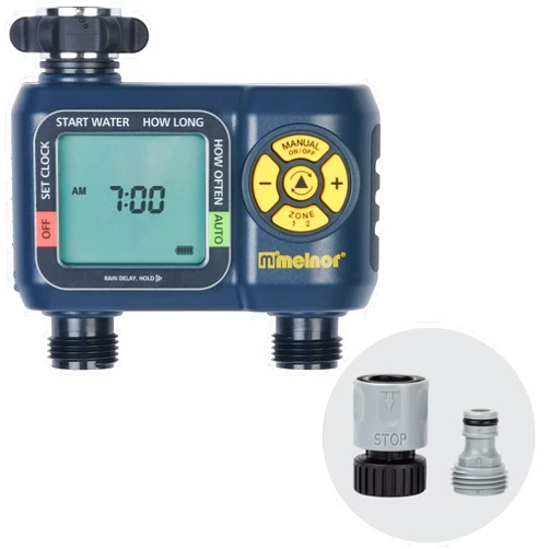 Melnor 65139AMZ AquaTimer Digital Hose Timer, 2-Zone Programmable Watering Timer, Quick Connect Bundle, Black, Yellow