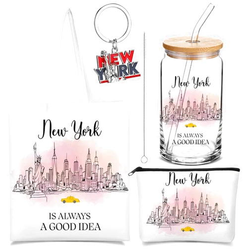Chuangdi 4 Pcs New York Travel Gifts Set Canvas Bag Cosmetic Bag 16 oz Tumbler and Keychain New York Souvenirs for Christmas Traveler Lover Sister Gift