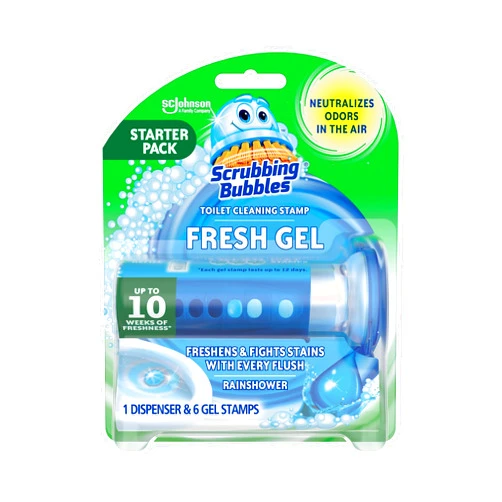 Scrubbing Bubbles Toilet Gel Stamps, Fresh Gel Toilet Cleaning Stamps, Helps Keep Toilet Clean and Helps Prevent Limescale & Toilet Rings, Rainshower Scent, 1 Dispenser with 6 Stamps