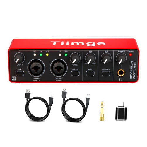 Tiimge 2x2 USB Audio Interface for PC, with 48V Phantom Power, 24Bit/192kHz High-Fidelity, Mic Preamplifier XLR/TSR/TS Ports, Compatible for Guitarist, Vocalist, Podcaster or Producer