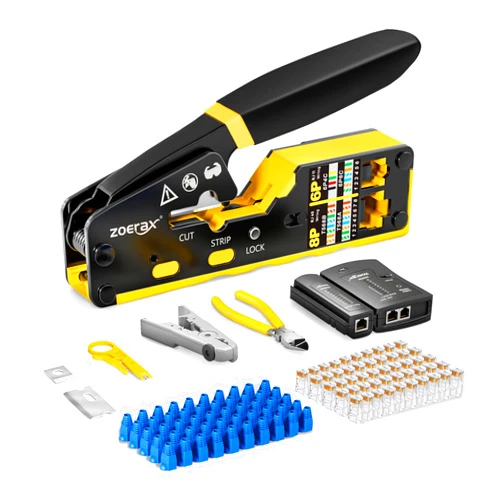 ZOERAX Ethernet Crimping Tool Kit RJ45 Crimp Tools,CAT5 Cat5e Cat6 RJ45 Crimping Tool Kit With Cable Tester, Multiply Stripper, Blades,50Pcs Cat 6 Pass Through Connectors and Strain Relief Boots