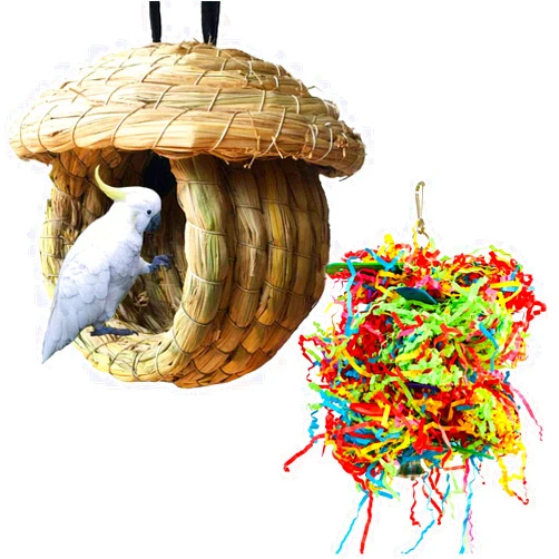 Hamiledyi Bird Nest Grass Bird Hut Outdoor Hanging Birdhouse Canary Nest Chickadee House Wren Nest Fiber Roosting Pocket for Parakeet Parrot Cockatiel Finch