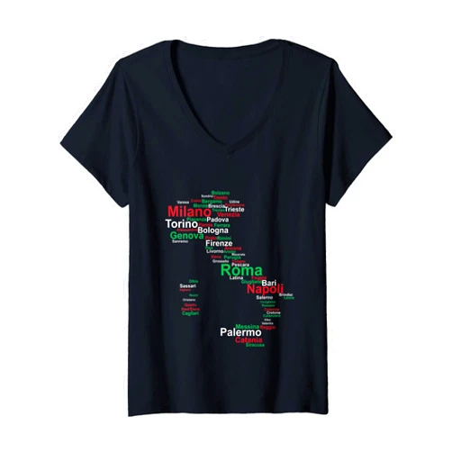 CQ Italy Design Womens Italy Map Silhouette Flag Towns Cities Rome Travel Europe V-Neck T-Shirt
