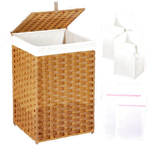 Greenstell Laundry Hamper with Lid, 60L Clothes Hamper with 2 Removable Liner Bags & 2 Mesh Bags, Handwoven Synthetic Rattan Basket, Toys in Bathroom, Bedroom Natural