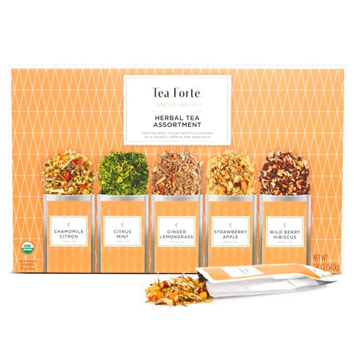 Tea Forte Single Steeps Loose Leaf Herbal Tea Sampler, Assorted Variety Tea Box, Single Serve Pouches, 15 Count (Pack of 1)