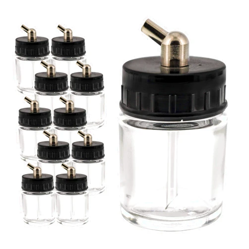 Master Airbrush (Pack of 10) TB-003 Empty 3/4 Ounce (22cc) Glass Jar Bottles with 60° Down Angle Adaptor Lid Assembly - Fits Single-Action Siphon Feed Airbrushes, Use with Master Badger Paasche, Iwata