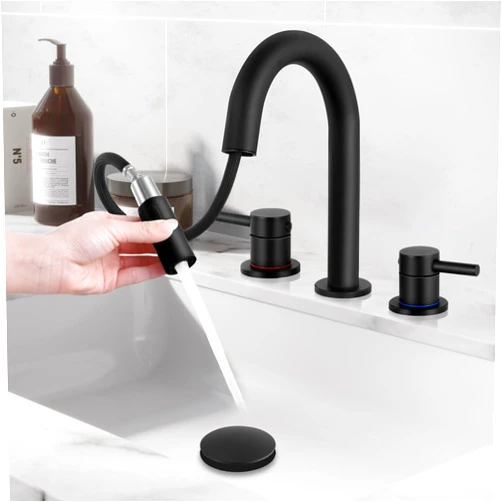 Qomolangma Black Bathroom Faucets for Sink 3 Hole, 8 inch Widespread Bathroom Faucet with Pull Out Sprayer, 2-Handle Pull Down Bathroom Sink Faucet, Lavatory Sink Faucet with Pop Up Drain