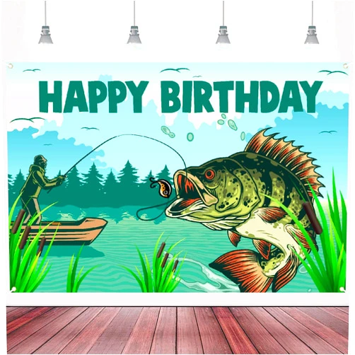BECKTEN Fishing Man Lake Pole Fish Mouth Happy Birthday Backdrop Banner Love Gone Fishing Fish Fisherman Decor for Retirement Baby Shower Party Photo Photography Prop Booth Background 70.9x47.2in-BECKTEN