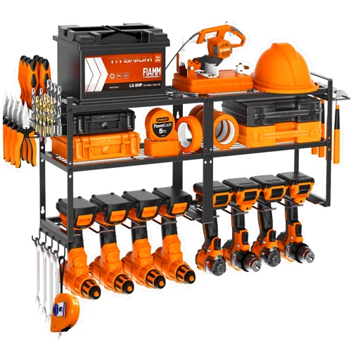 Across-Star Wall-Mount-Power-Tool-Organizer with 8 Drill Holder, Heavy Duty Hanging Cordless Drill Storage Rack，Metal Wall Organizer Tool Holder Shelf For Garage Organization w/ Pliers Screwdriver Hammer Holder